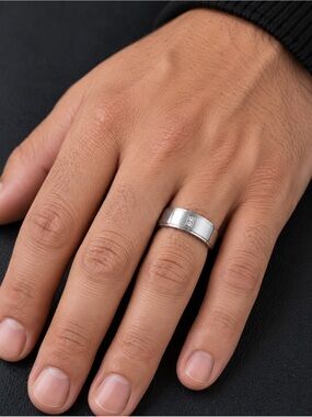 Men’s Size 10 Tungsten Steel Natural Diamond Silver-Tone Wedding Band